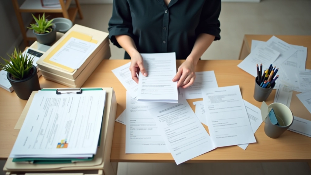 Person organizing financial records and receipts into folders at organized desk
