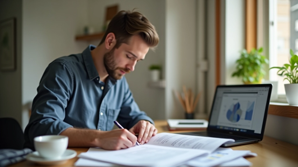 Self-employed person at home office workspace with business supplies